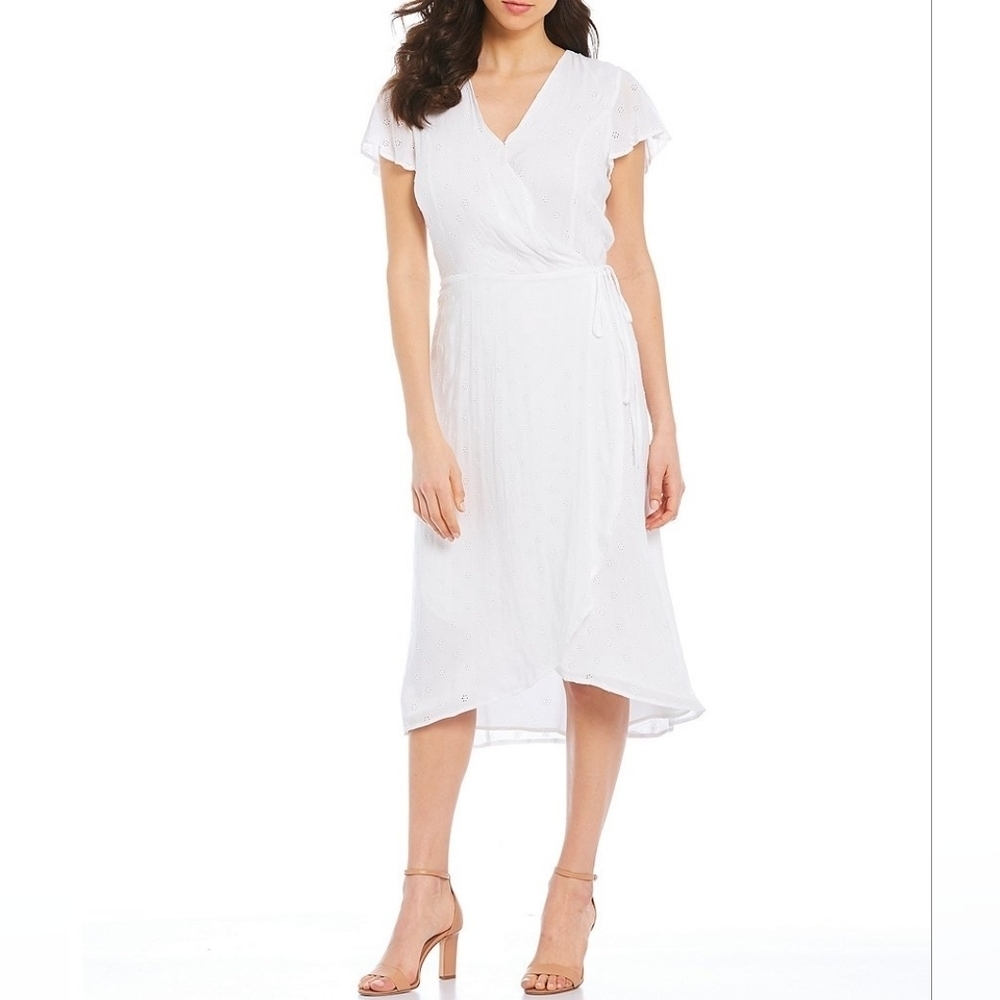 Vince Camuto White Eyelet Short Sleeve Midi Wrap Dress